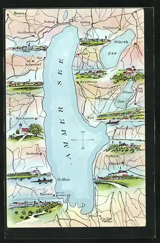AK Diessen, Ortspanorama, Landkarte mit Ortschaften rund um den Ammer See