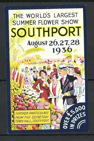 Reklamemarke Southport, Summer Flower Show 1936, Besucher am Blumenbeet auf dem Messegelände