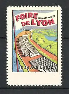 Reklamemarke Lyon, Foire Internationale 1950, Messegelände aus der Vogelschau