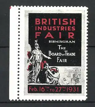 Reklamemarke Birmingham, British Industry Fair 1931, Göttin zeigt auf die Stadt