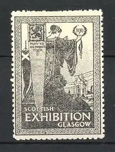Reklamemarke Glasgow, Scottish Exhibition 1911, Göttin mit Ehrenkranz am Stadtrand