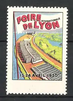 Reklamemarke Lyon, Foire Internationale 1950, Messegelände aus der Vogelschau