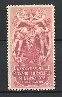 Reklamemarke Milano, Esposizione Internazionale 1906, zwei Hermesstatuen vor einer Göttin