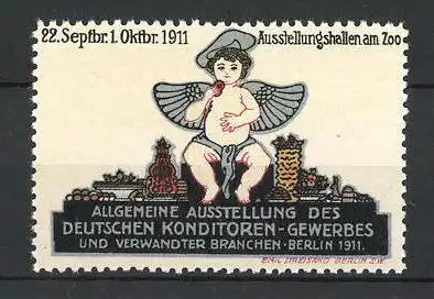 Reklamemarke Berlin, Allgemeine Ausstellung des Deutschen Konditoren-Gewerbes 1911, Engel sitzt auf einem Turm