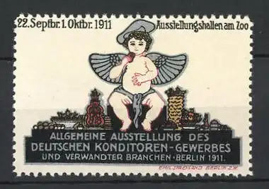 Reklamemarke Berlin, Allgemeine Ausstellung des Deutschen Konditoren-Gewerbes 1911, Engel sitzt auf einem Turm