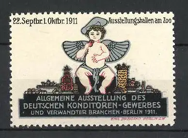 Reklamemarke Berlin, Allgemeine Ausstellung des Deutschen Konditoren-Gewerbes 1911, Engel sitzt auf einem Turm