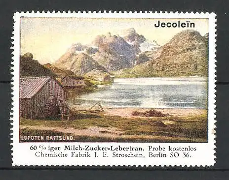 Reklamemarke Norwegen, Idylle auf Lofoten am Raftsund, Milch-Zucker-Lebertran von J. E. Stroschein