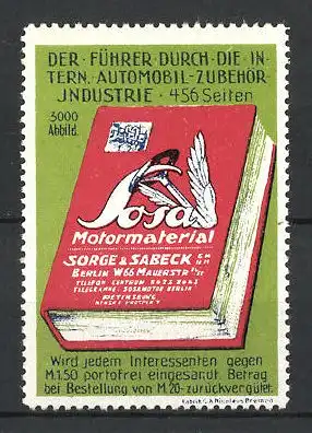 Reklamemarke Buch Motormaterial, Sorge & Sabeck Berlin, Führer durch die Intern. Automobil-Industrie, 456 Seiten