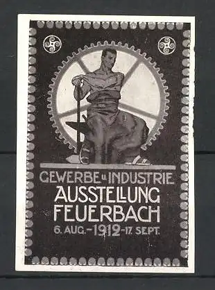 Reklamemarke Feuerbach, Gewerbe- und Industrieausstellung 1912, Mann vor einem Zahnrad sitzend, braun