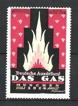 Künstler-Reklamemarke M. Schwarzer, München, Deutsche Ausstellung Das Gas 1914, lodernde Flamme, rot
