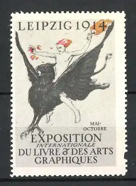 Reklamemarke Leipzig, Exposition Internationale du Livre & des Arts Graphiques 1914, Knabe reitet mit Fackel einen Greif
