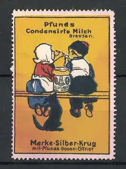 Reklamemarke Pfund's Condensierte Milch, Marke Silber-Krug mit Dosenöffner, Kinderpaar mit Hund und Milch