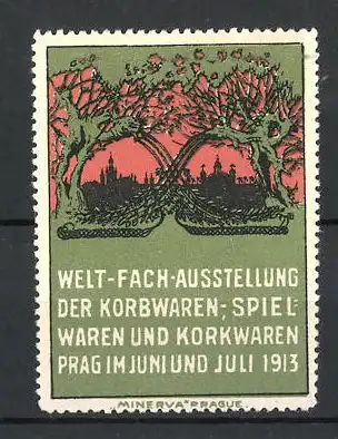 Reklamemarke Prag, Welt-Fachausstellung der Korb- und Spielwaren 1913, Ortsansicht