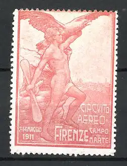 Reklamemarke Firenze, Circuito Aereo 1911, Campo di Marte, nackter Mann mit Propeller und Adler auf dem Arm