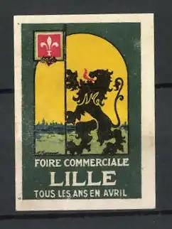 Reklamemarke Lille, Foire Commerciale. Löwe mit Wimpel an Stadtrand