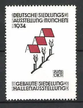 Reklamemarke München, Deutsche Siedlungs-Ausstellung 1934, Messelogo Häuser und Bäume