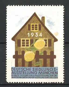 Reklamemarke München, Deutsche Siedlungsausstellung 1934, Haus mit Sonnenblume im Garten