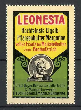 Reklamemarke Leonesta hochfeinste Pflanzenbutter-Margarine, Leonh. Stadelmann, Nürnberg, Bäcker mit Kuchen
