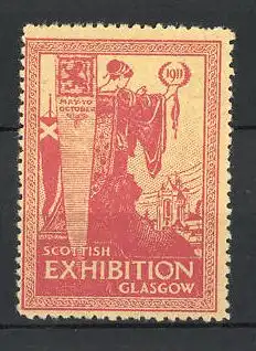 Reklamemarke Glasgow, Scottish Exhibition 1911, Göttin mit Ehrenkranz am Stadtrand