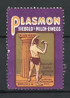 Reklamemarke Plasmon Milch-Eiweiss, Siebold's Nahrungsmittelgesellschaft Berlin, Mann graviert Firmennamen in eine Säule