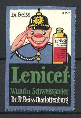 Künstler-Reklamemarke Lenicet Wund- und Schweisspuder., Dr. R. Reiss, Berlin, Polizist mit Dose