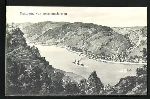 Künstler-AK Assmannshausen, Panorama mit Dampfer