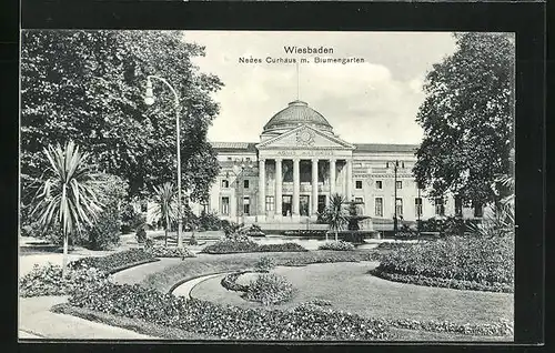 AK Wiesbaden, Neues Curhaus mit Blumengarten
