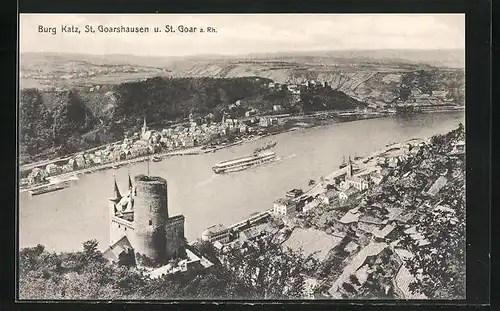 AK St. Goar am Rhein, Ortsansicht mit Burg Katz und St. Goarshausen
