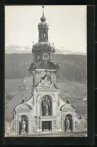 AK Hall i. T., Giebel und Turm der Kirche