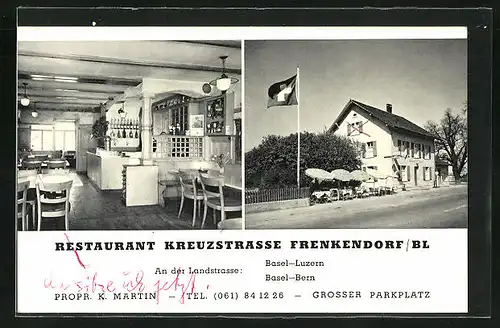 AK Frenkendorf, Restaurant Kreuzstrasse mit Innen- und Aussenansicht