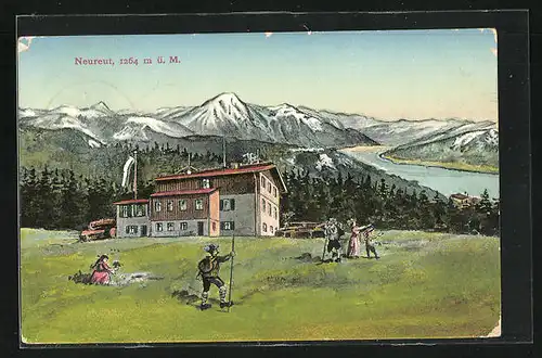 AK Neureut, Wanderer am Gasthaus mit Blick auf das Gebirge