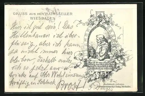 Lithographie Wiesbaden, Gruss aus dem Gasthof Ratskeller
