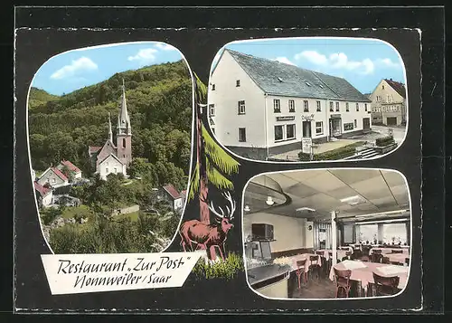 AK Nonnweiler / Saar, Restaurant Zur Post mit eigener Metzgerei, Kirche