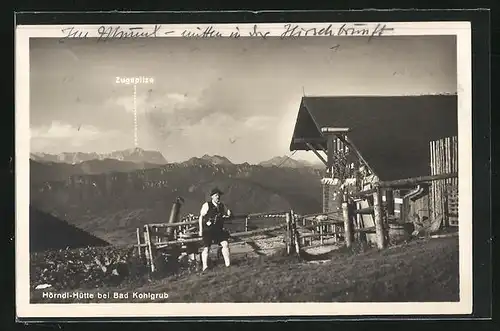 AK Hörndl-Hütte, Männer vor dem Berghaus, Blick gegen die Zugspitze
