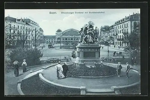 AK Basel, Strassburger Denkmal mit Bundesbahnhof
