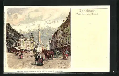 Künstler-AK Otto Strützel: Innsbruck, Maria Theresienstrasse mit Alpen im Hintergrund
