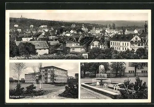 AK Budenheim a/Rh, Anlage mit Labor Neubau der C. F. B., Zierbrunnen