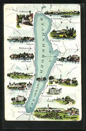 AK Feldafing, Karte des Starnberger Sees mit Ortsansichten