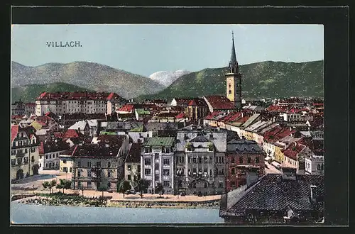 AK Villach, Ortsansicht mit Kirchturm