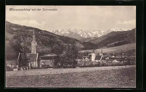 AK Mürzzuschlag, Teilansicht mit Kirche und Schneealpe