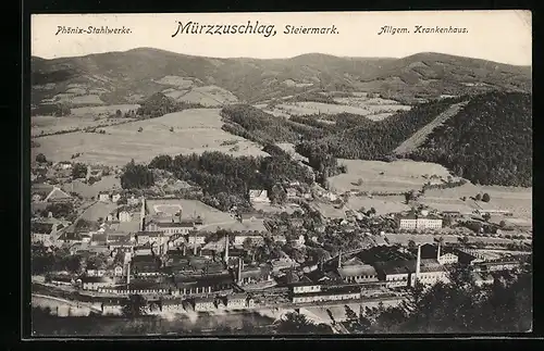 AK Mürzzuschlag, Panorama mit Phönix-Stahlwerke und Allgem. Krankenhaus