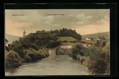 AK Bruck a. Mur, Landschaftsidylle mit Fluss und Ort