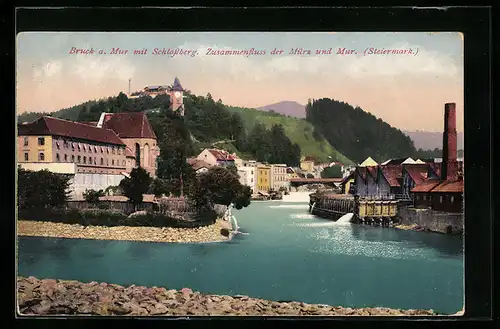 AK Bruck a. M., Ortsansicht mit Schlossberg und Zusammenfluss der Mürz und Mur