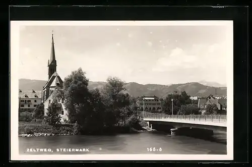 AK Zeltweg, Ort mit Brücke und Kirche