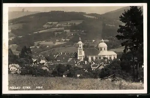 AK Pöllau, Blick von der Bergwiese auf Ort mit Kirche
