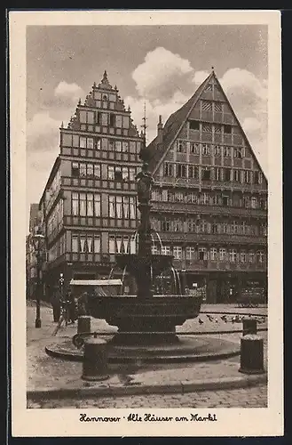 AK Hannover, Alte Häuser am Markt mit Brunnen