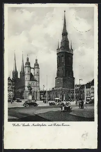 AK Halle /Saale, Marktplatz mit Kirche und Rotem Turm