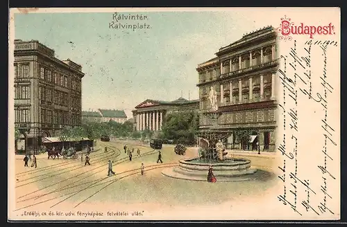 Lithographie Budapest, Kalvinplatz mit Brunnen und Strassenbahn