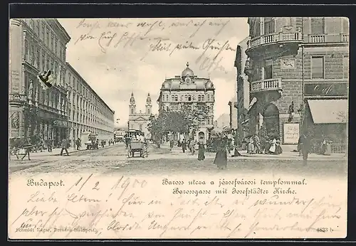 AK Budapest, Strasse Barossgasse mit Josefstädter Kirche