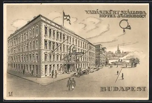 Künstler-AK Budapest, Hotel Jägerhorn